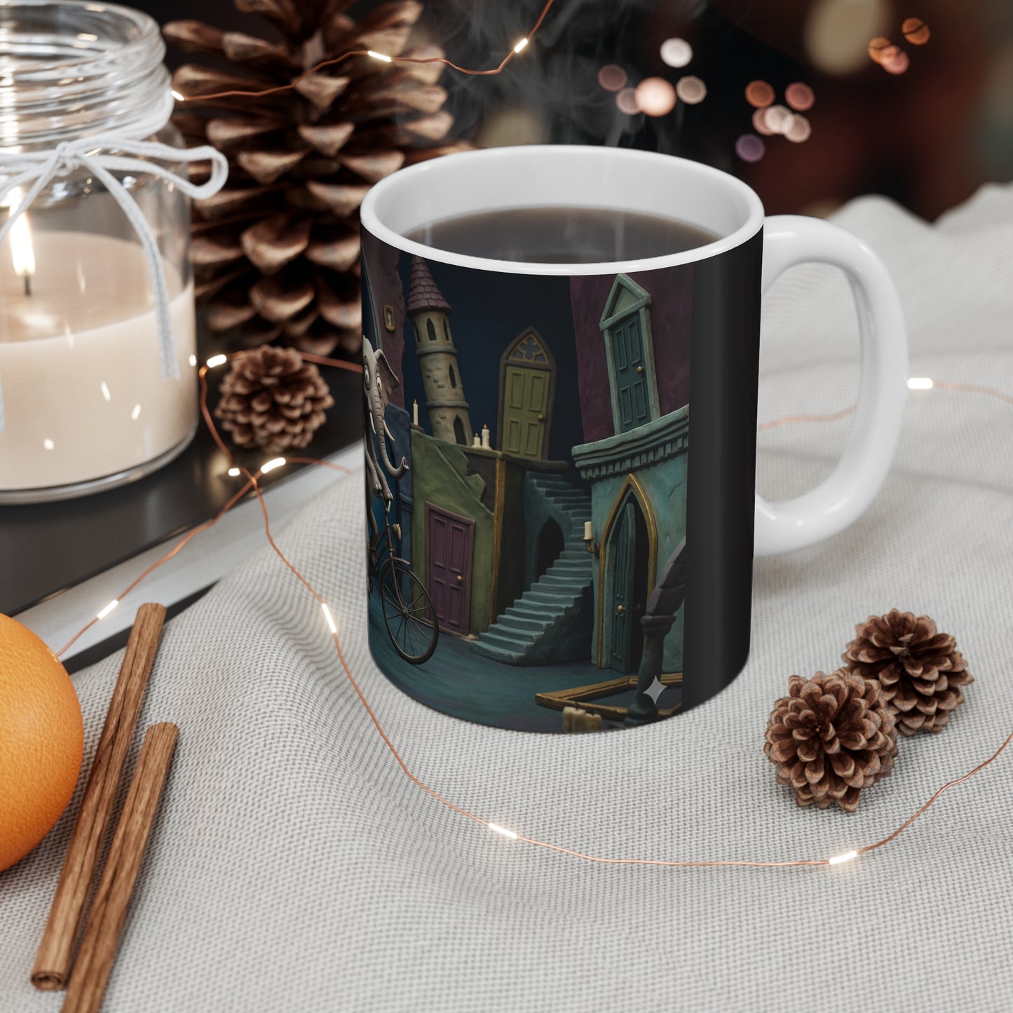 Whimsical Elephant Biking Mug — Surreal Fantasy 11oz Ceramic Coffee Cup