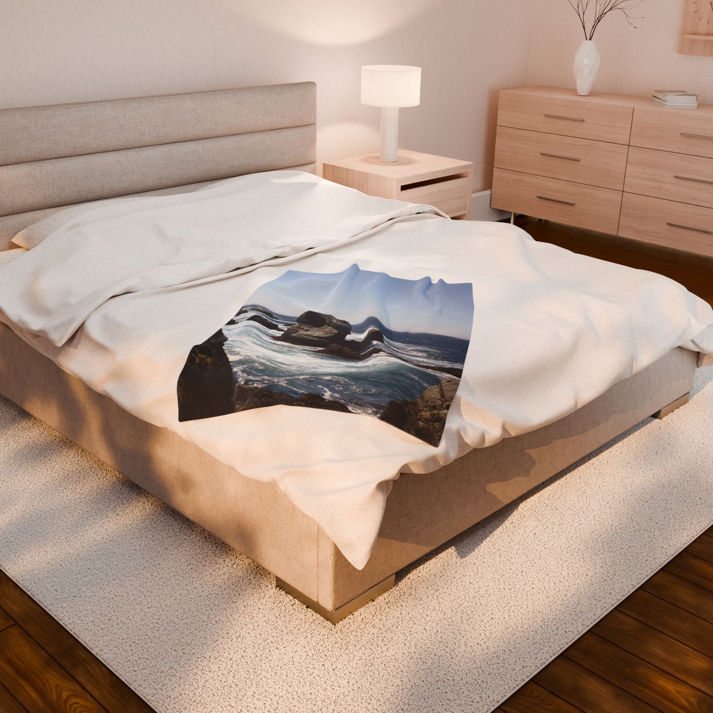 Coastal Rocks Velveteen Plush Blanket — Ocean Wave Throw for Beach Lovers (Big Sur, California)