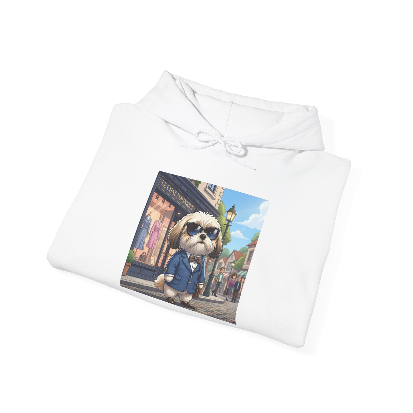 Chewy the Dog in carmel Hoodie — Cozy Cartoon Otter Street Scene Pullover