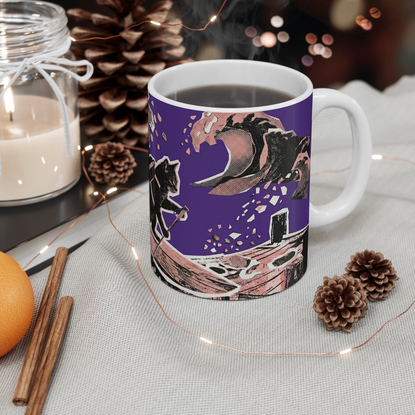 Black Cat Mug — Retro Night Paddle Coffee Cup