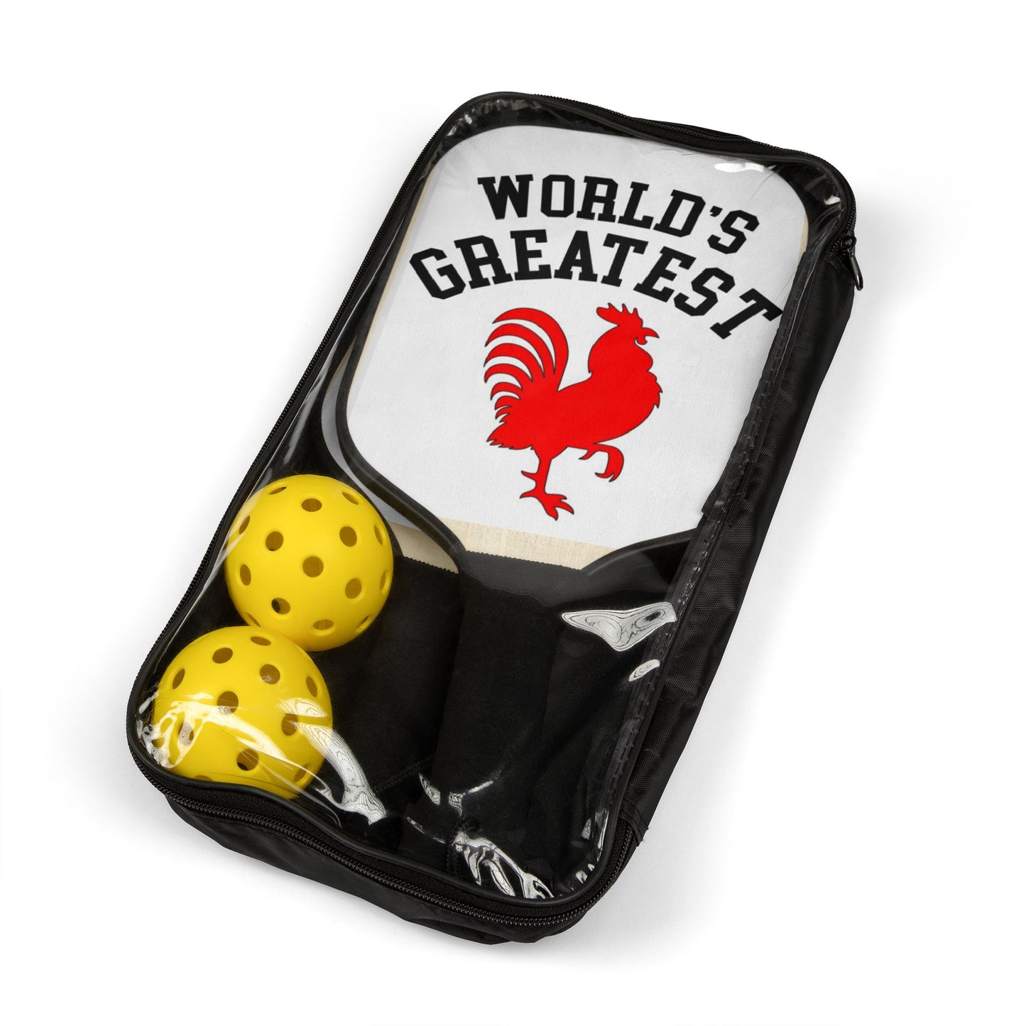 Pickleball Paddle Set — World's Greatest Pickleball Rooster Design (2 Paddles + Balls)