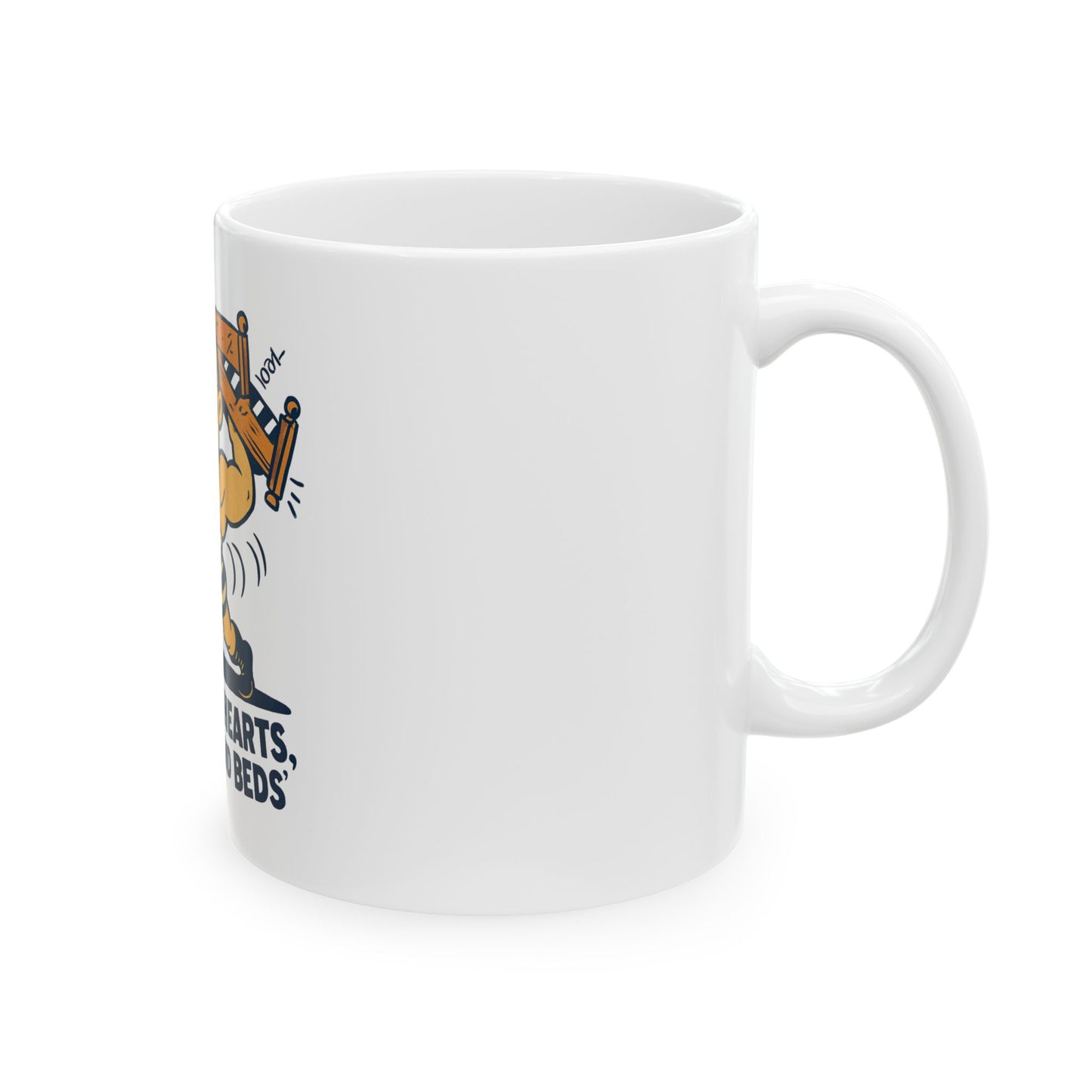 I Break Hearts Backs and Beds mug | Retro Strongman Illustration