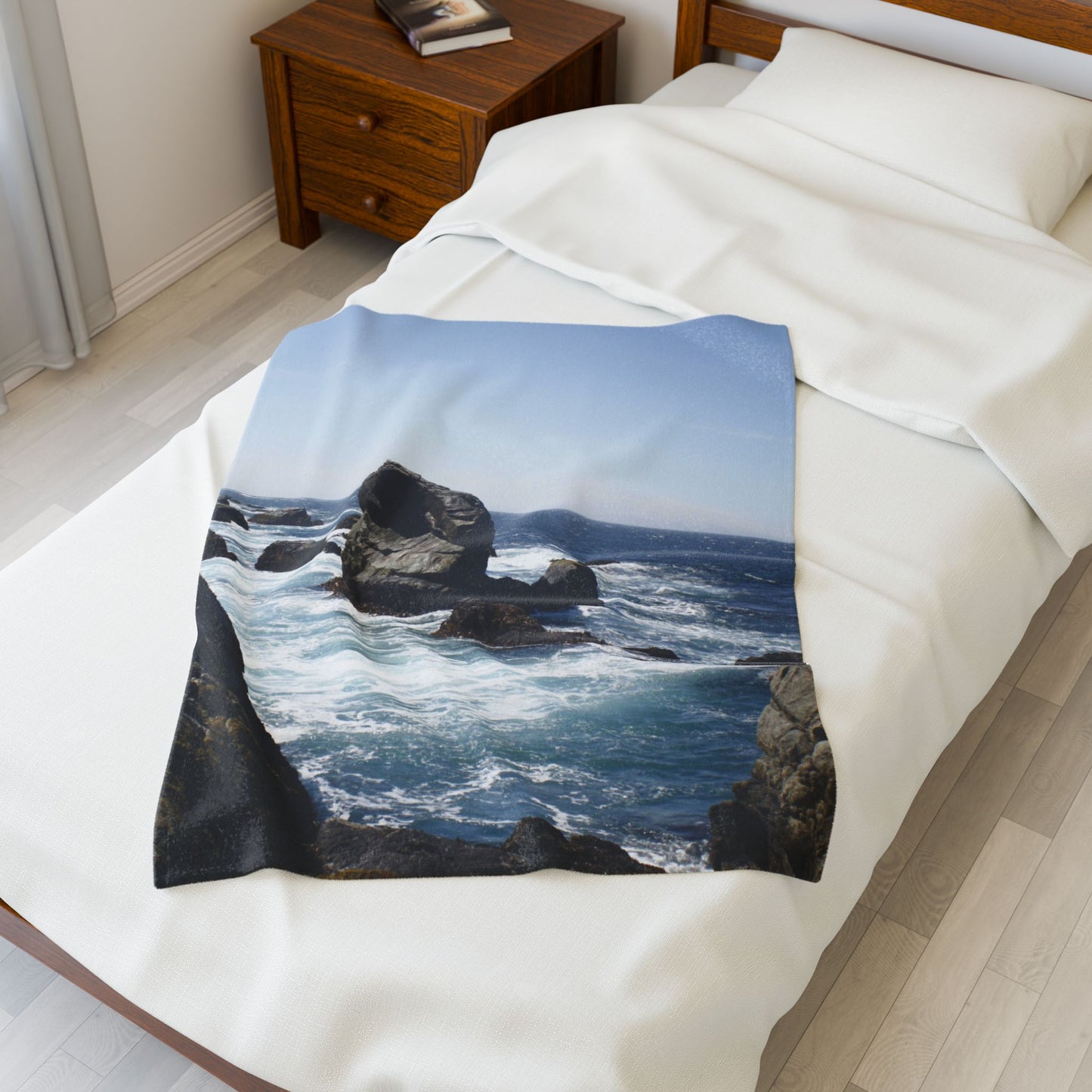 Coastal Rocks Velveteen Plush Blanket — Ocean Wave Throw for Beach Lovers (Big Sur, California)