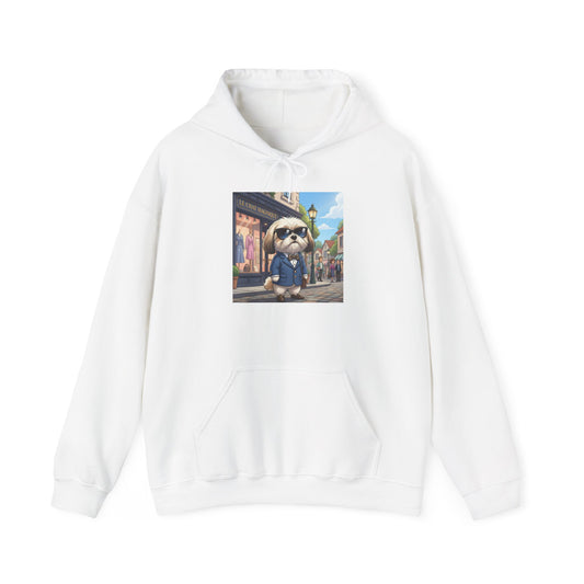 Chewy the Dog in carmel Hoodie — Cozy Cartoon Otter Street Scene Pullover