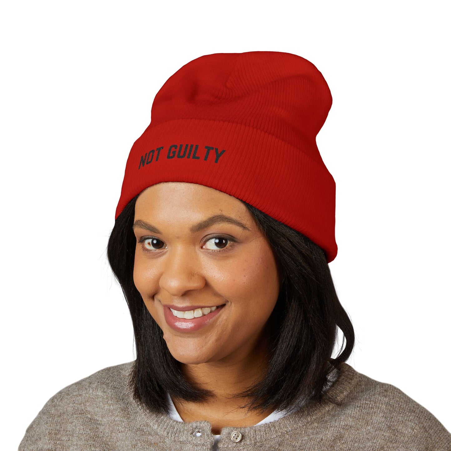 Not Guilty Embroidered Beanie — Classic Cuffed Knit Hat