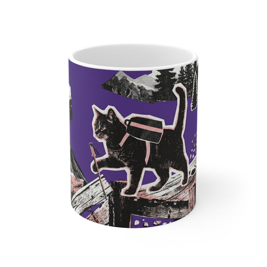 Adventure Cat Mug — Hiking Cat with Backpack Coffee Cup (11 oz)