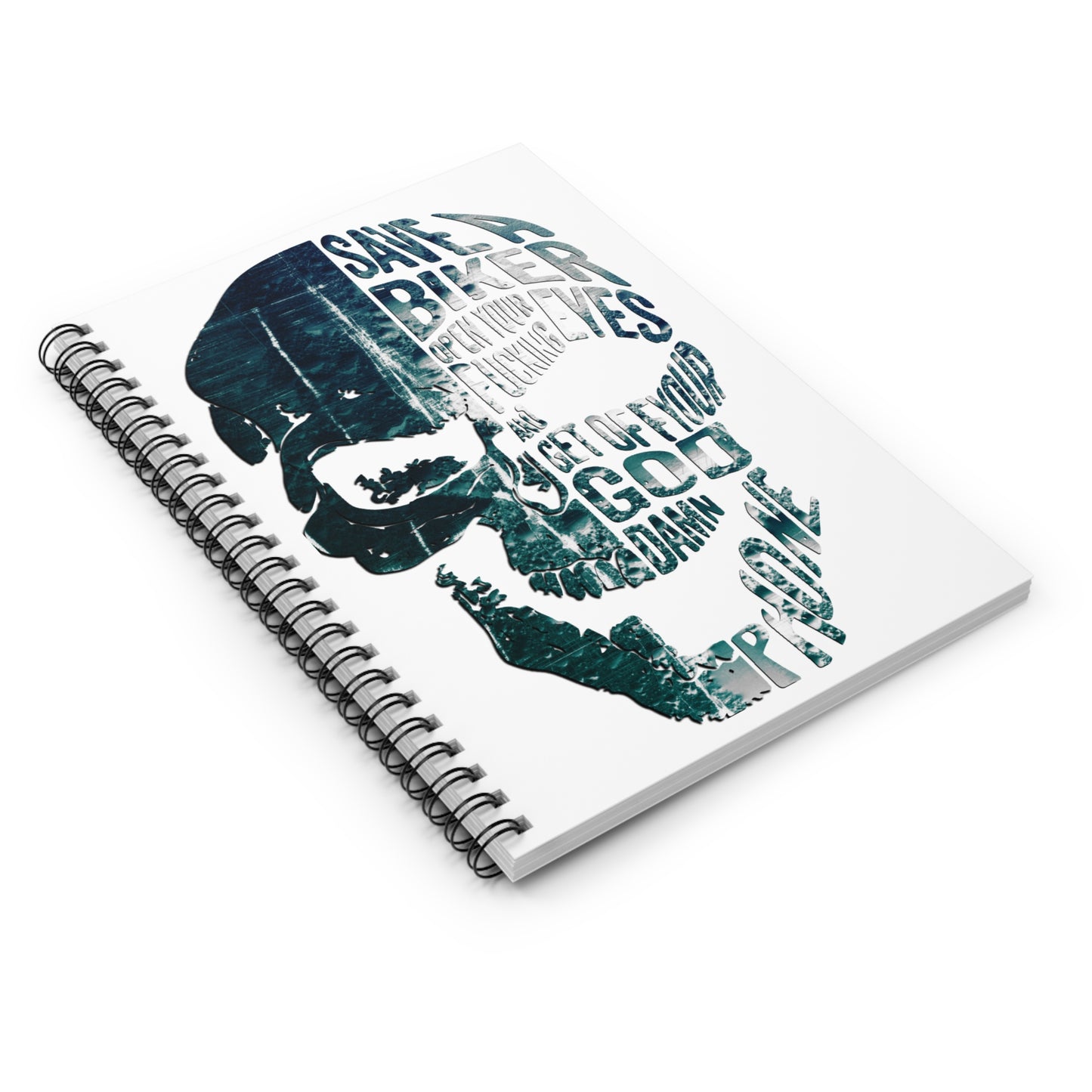 Skull Typography Spiral Notebook — "Save a Biker" Graphic Ruled Journal