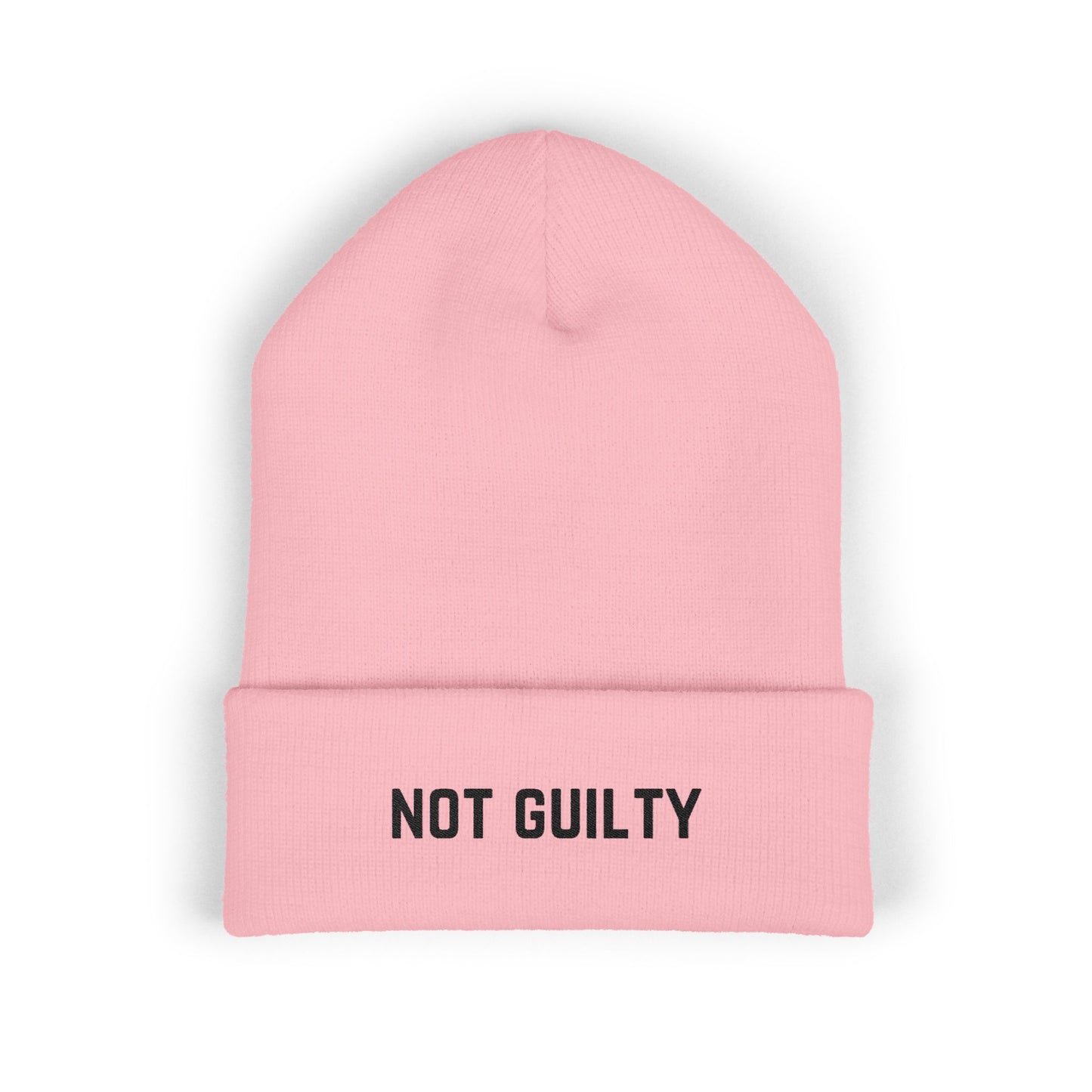 Not Guilty Embroidered Beanie — Classic Cuffed Knit Hat