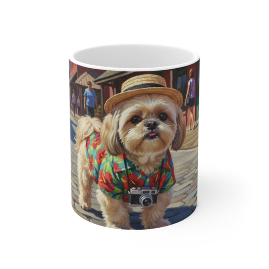Cute Tourist Dog Coffee Mug — 11oz Shih Tzu in Hawaiian Shirt & Straw Hat