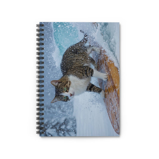 Cat on Surfboard Winter Notebook — Spiral Ruled Journal