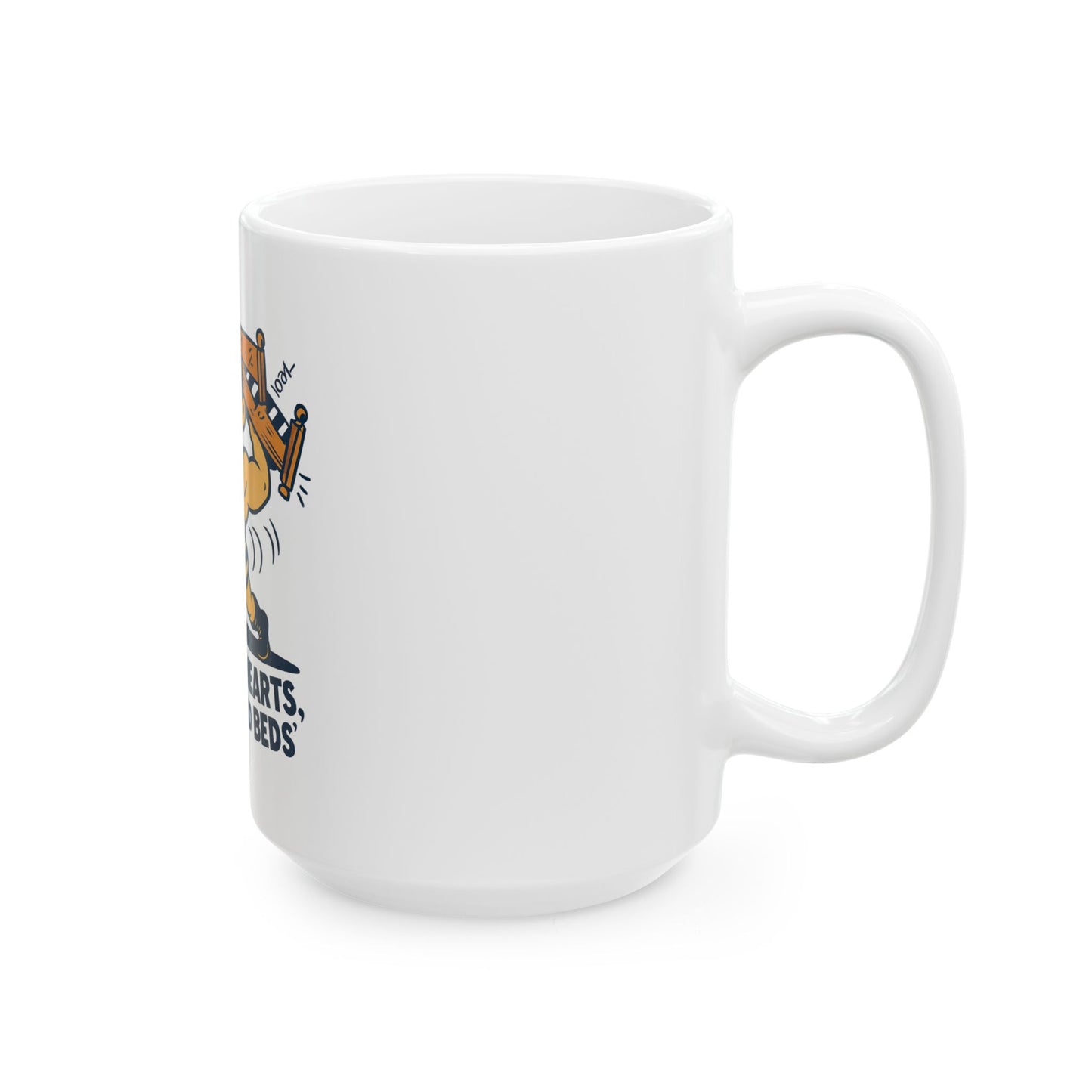 I Break Hearts Backs and Beds mug | Retro Strongman Illustration