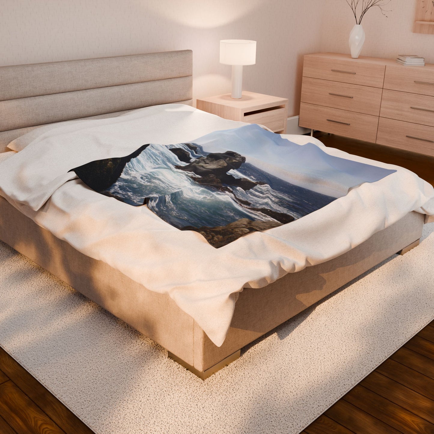 Coastal Rocks Velveteen Plush Blanket — Ocean Wave Throw for Beach Lovers (Big Sur, California)