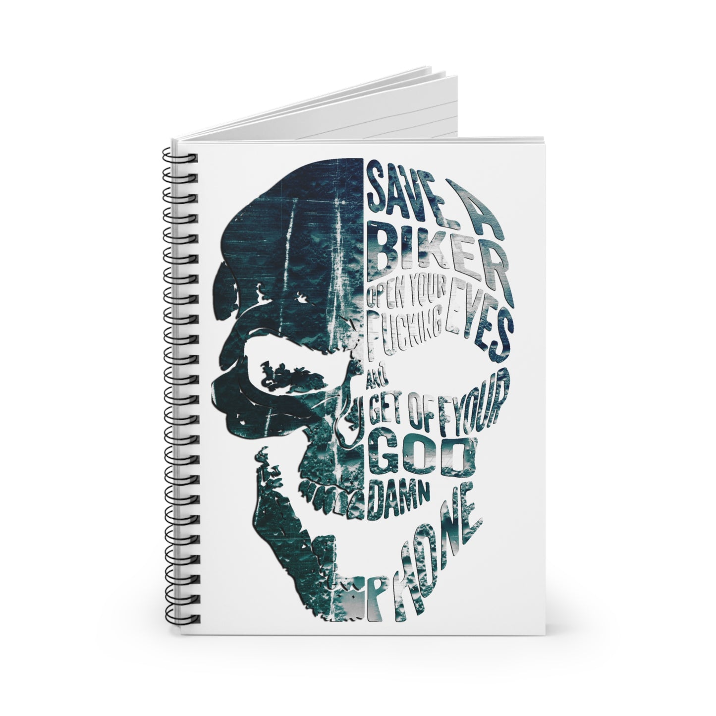 Skull Typography Spiral Notebook — "Save a Biker" Graphic Ruled Journal