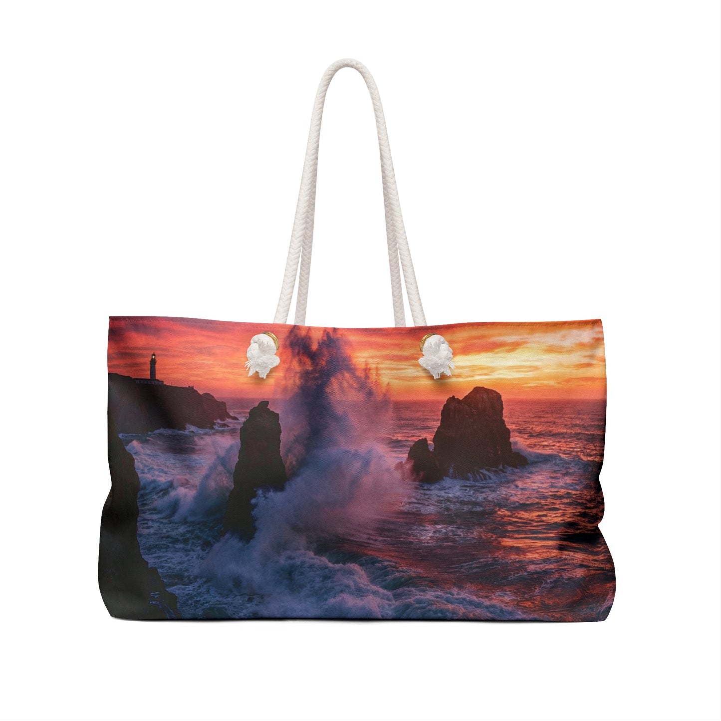 Coastal Sunset Weekender Bag — Ocean Waves Lighthouse Travel Tote
