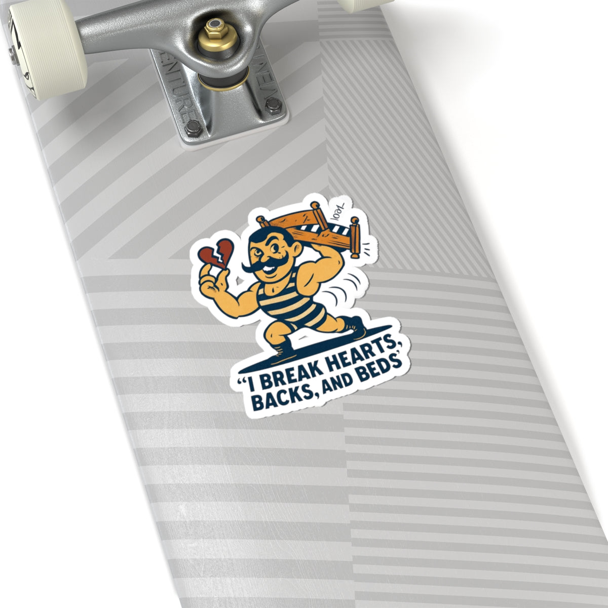 Retro Strongman Sticker — “I Break Hearts, Backs, and Beds” Kiss-Cut Sticker