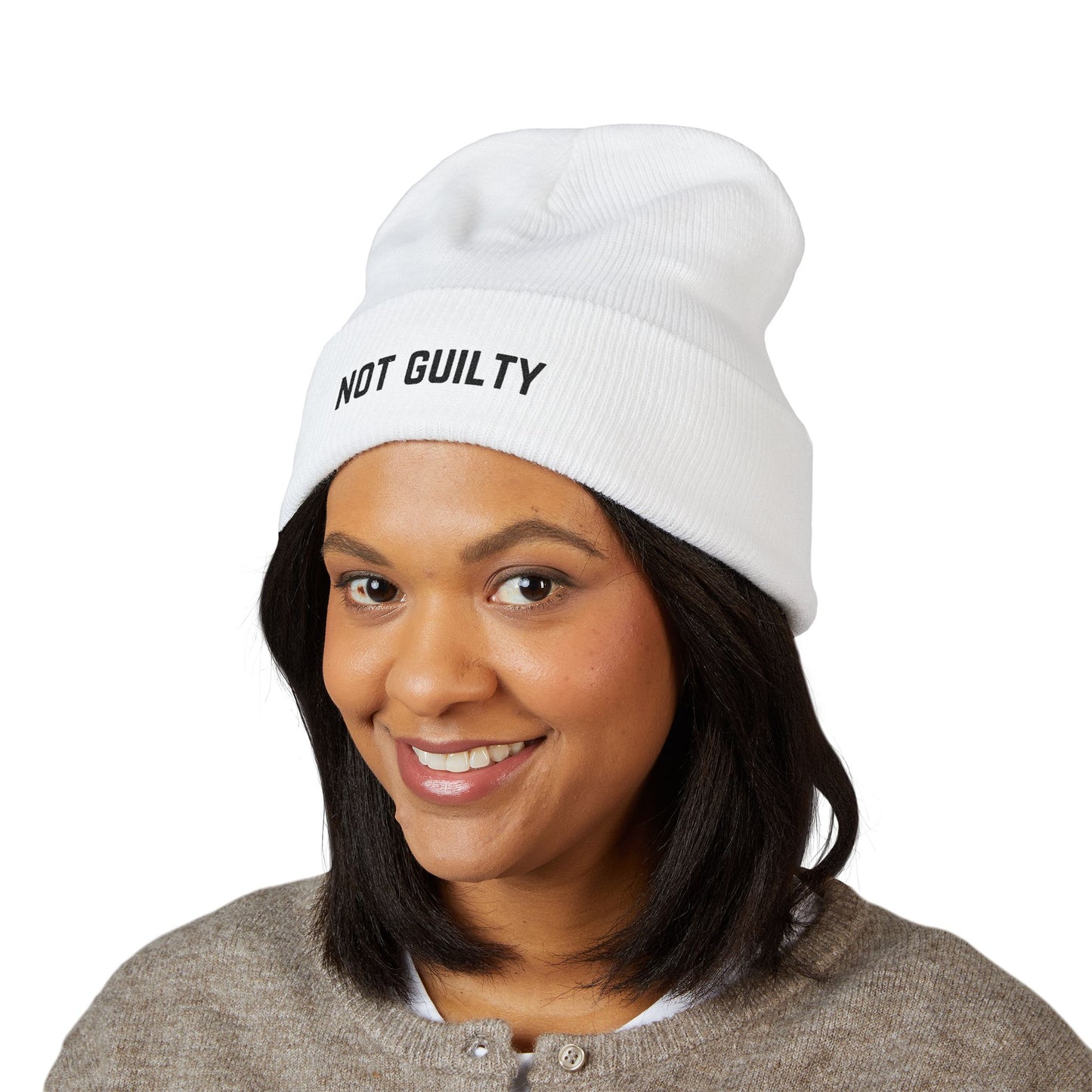 Not Guilty Embroidered Beanie — Classic Cuffed Knit Hat