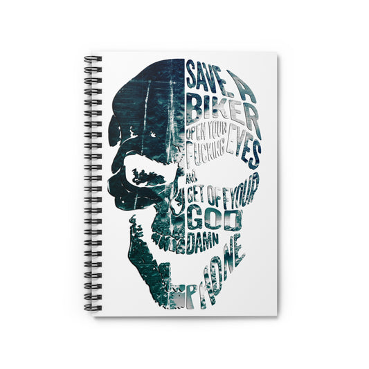 Skull Typography Spiral Notebook — "Save a Biker" Graphic Ruled Journal