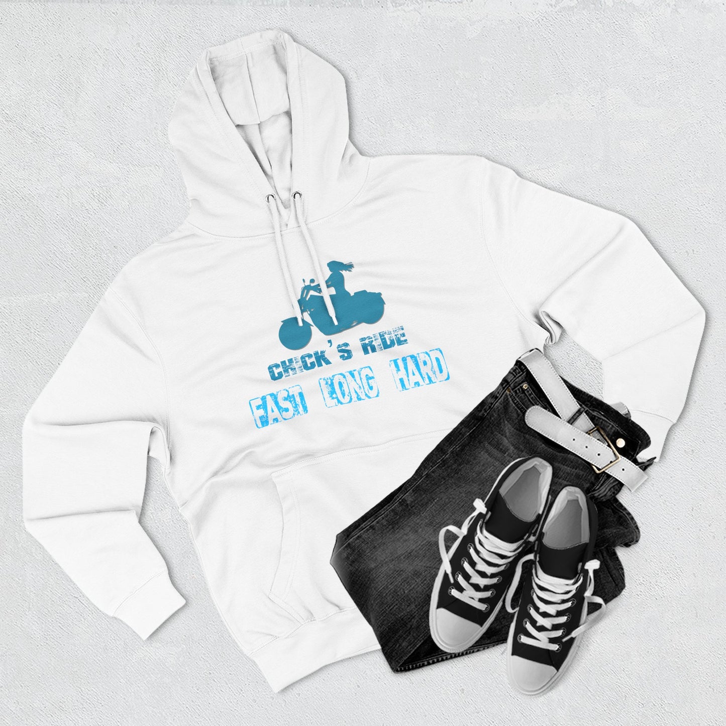 Vintage Scooter Hoodie — "Chick's Ride Fast Long Hard" Retro Vespa Graphic