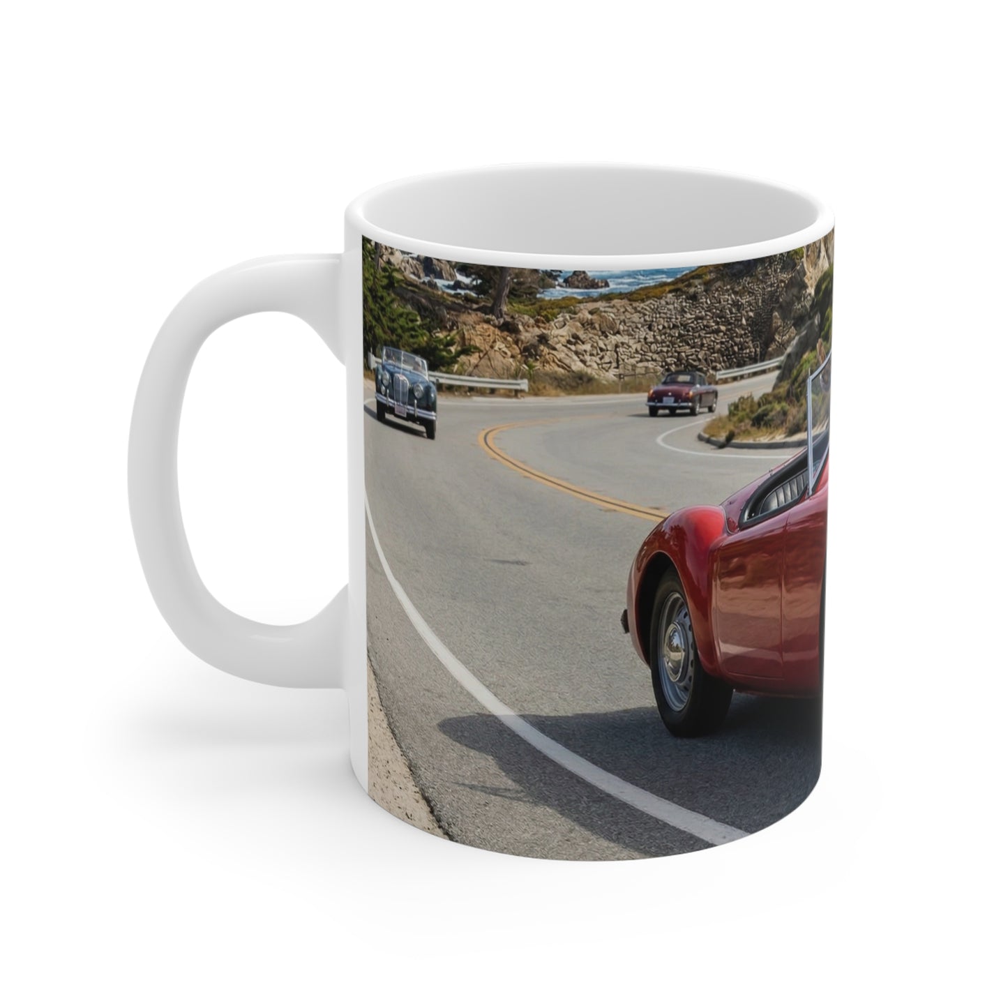 Cat Driving Red Sports Car Mug — Funny 11oz Coffee Cup for Cat Lovers & Car Enthusiasts
