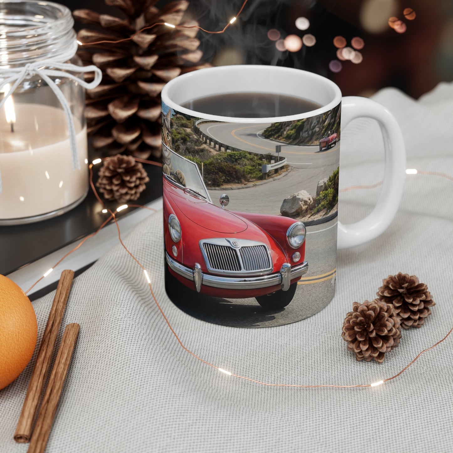 Cat Driving Red Sports Car Mug — Funny 11oz Coffee Cup for Cat Lovers & Car Enthusiasts