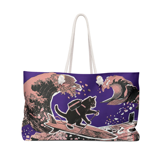Cat Surfer Weekender Bag – Retro Surfing Black Cat Tote for Beach Getaways