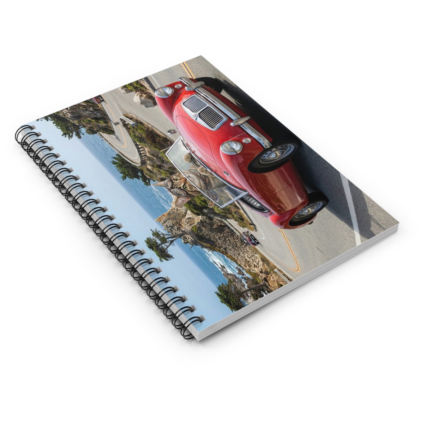 Classic Red Sports Car & Cat  Notebook – Spiral Ruled Travel Journal