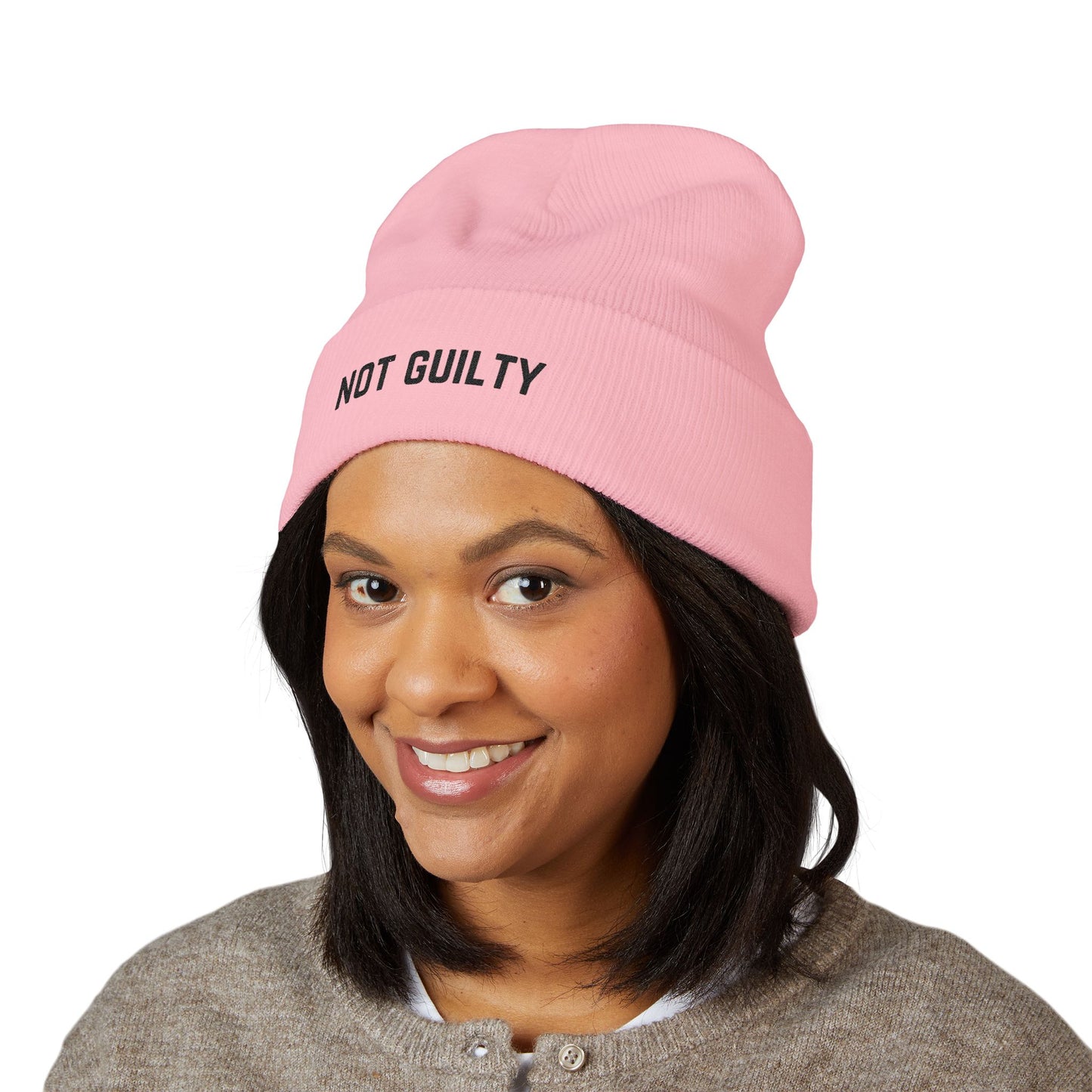 Not Guilty Embroidered Beanie — Classic Cuffed Knit Hat