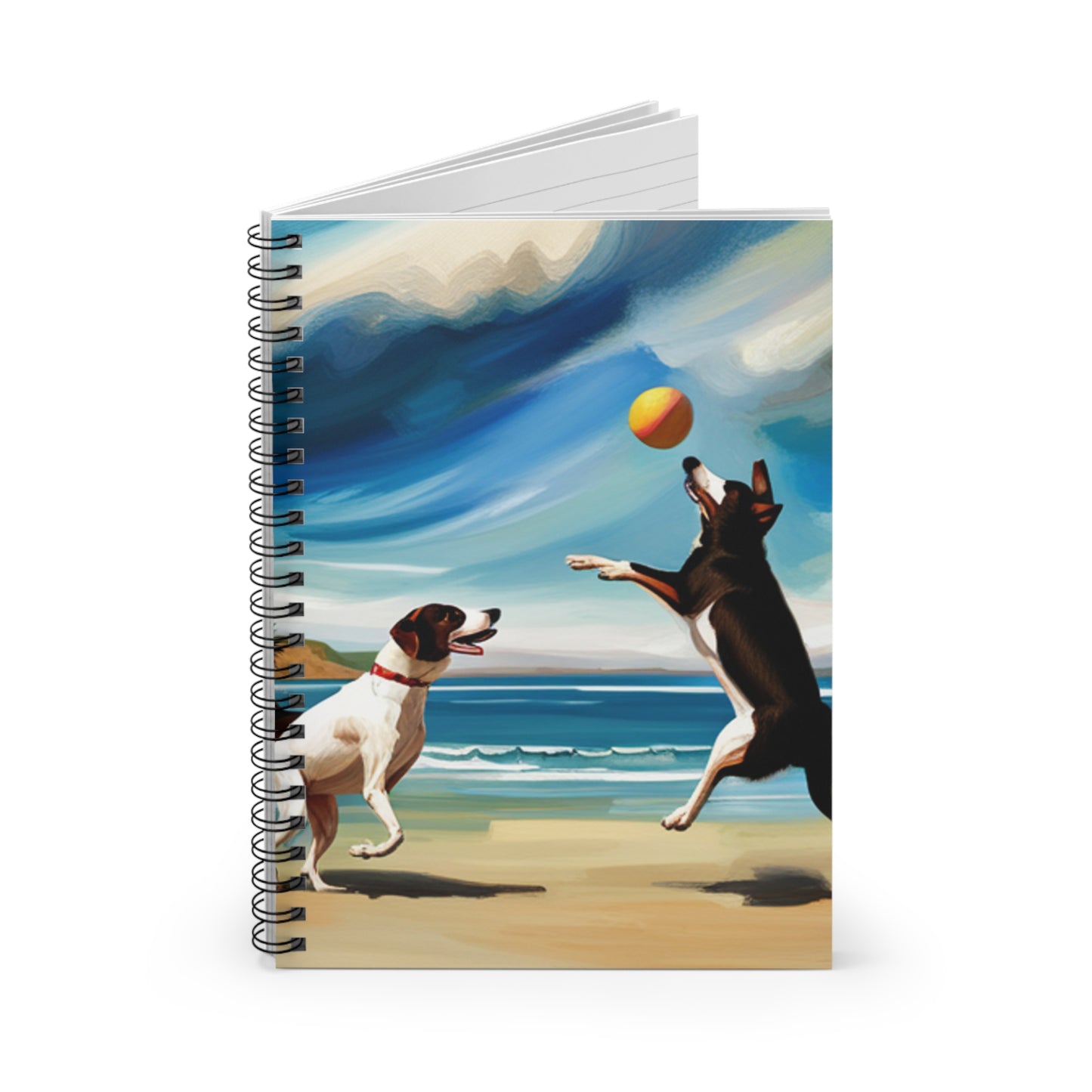 Dogs at Beach playing Ball Spiral Notebook - Ruled Line