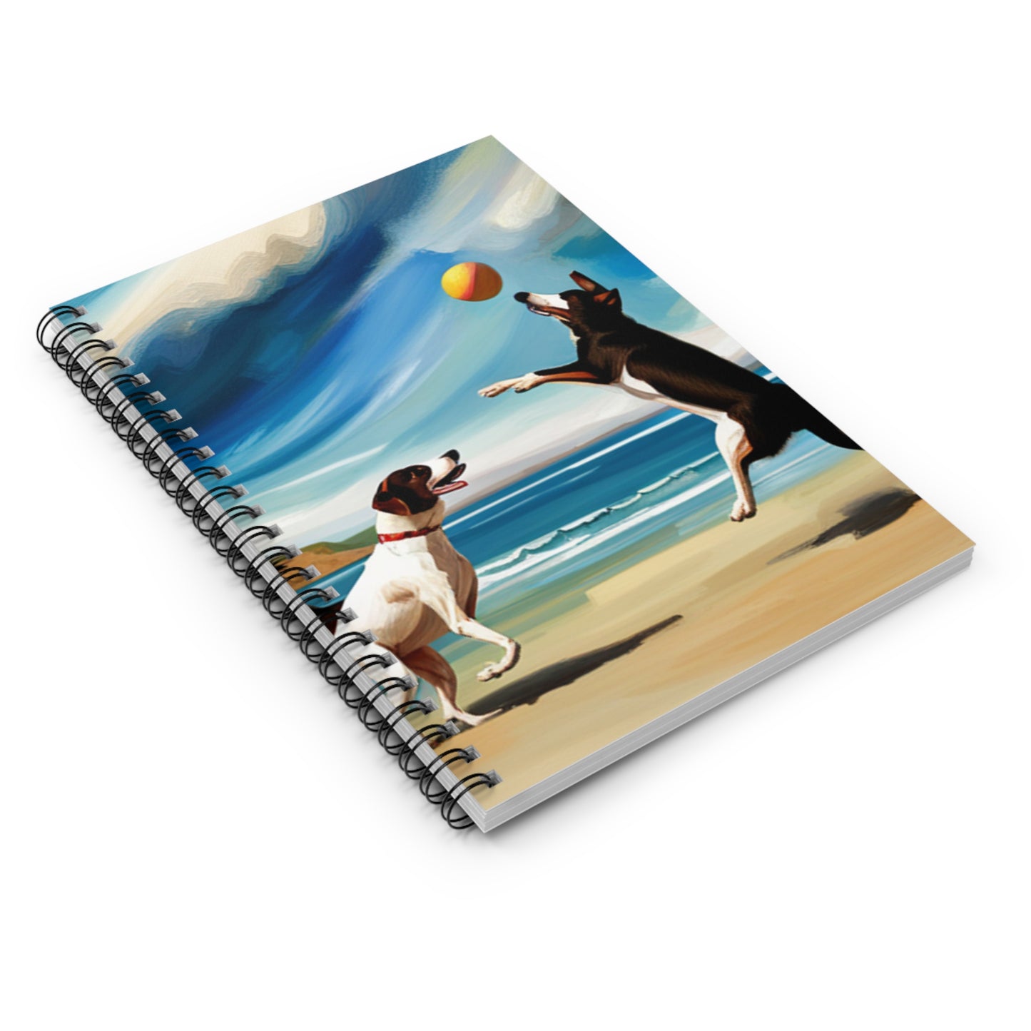 Dogs at Beach playing Ball Spiral Notebook - Ruled Line