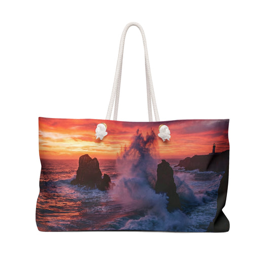 Coastal Sunset Weekender Bag — Ocean Waves Lighthouse Travel Tote