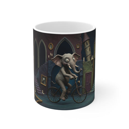 Whimsical Elephant Biking Mug — Surreal Fantasy 11oz Ceramic Coffee Cup