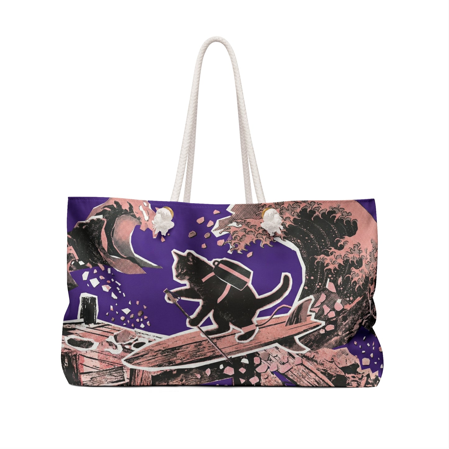 Cat Surfer Weekender Bag – Retro Surfing Black Cat Tote for Beach Getaways