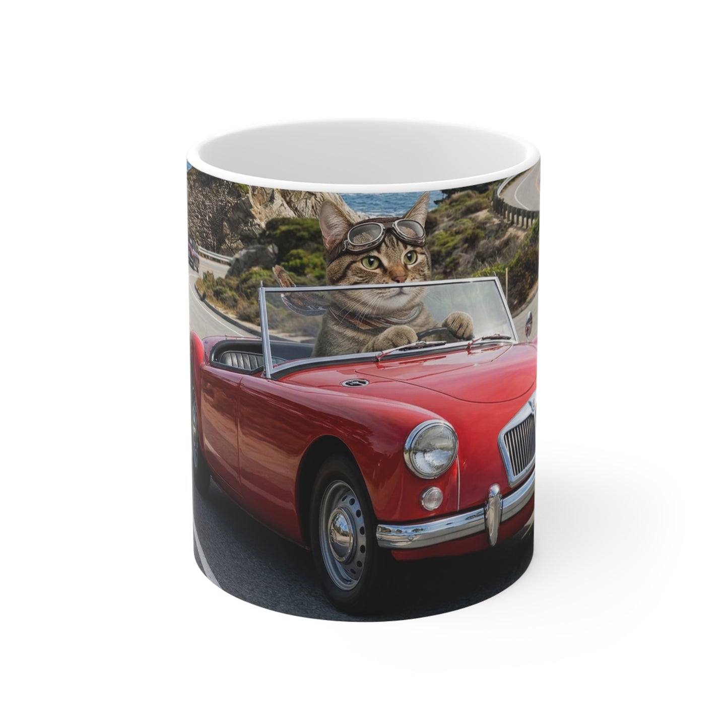 Cat Driving Red Sports Car Mug — Funny 11oz Coffee Cup for Cat Lovers & Car Enthusiasts