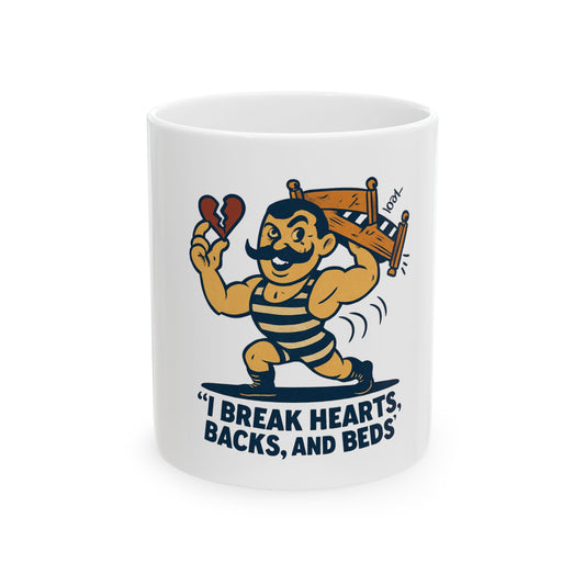 I Break Hearts Backs and Beds mug | Retro Strongman Illustration