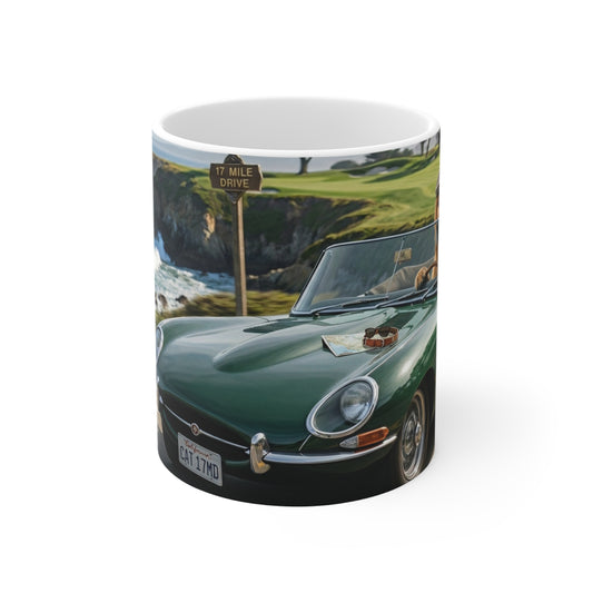 Classic Jaguar Roadster Mug — Vintage Sports Car Driving Along Coastal Highway (11oz)