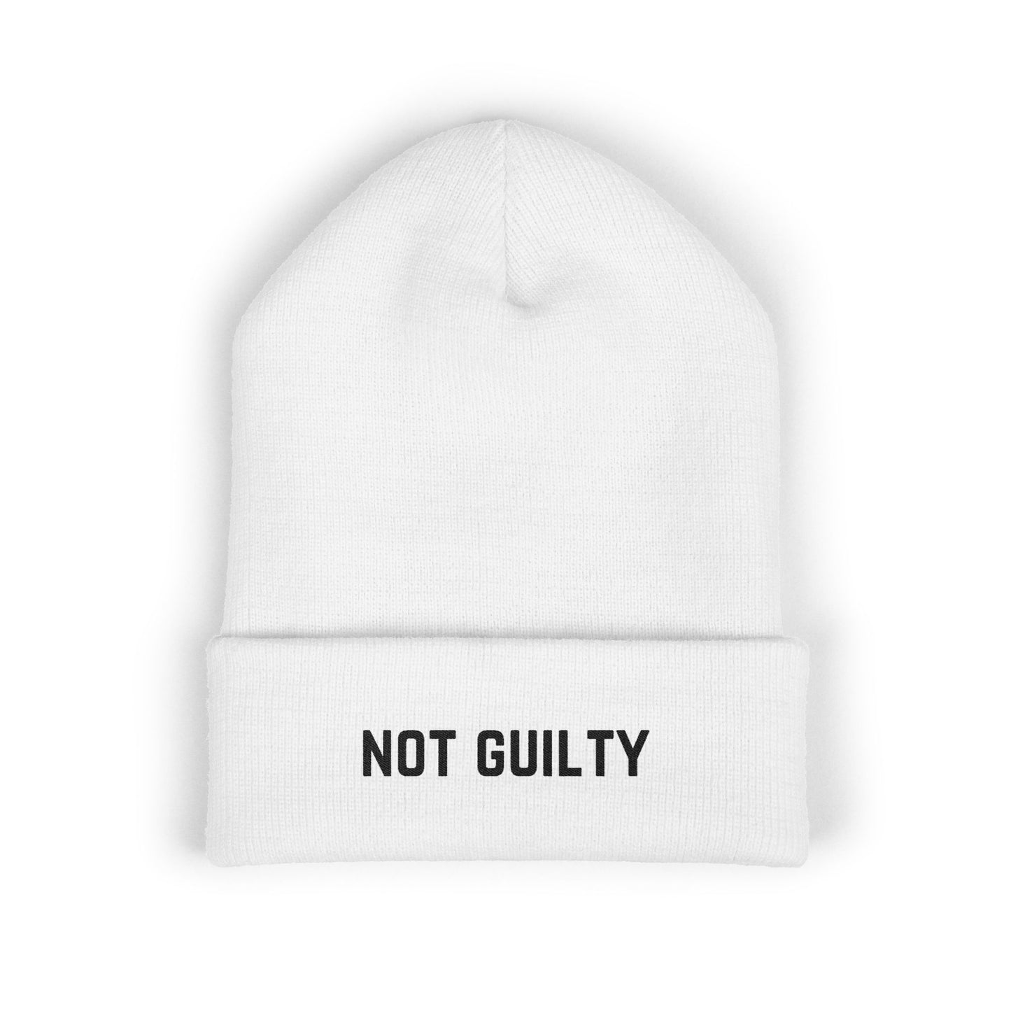Not Guilty Embroidered Beanie — Classic Cuffed Knit Hat