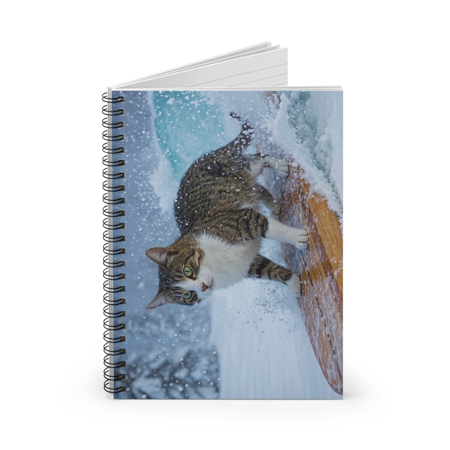 Cat on Surfboard Winter Notebook — Spiral Ruled Journal
