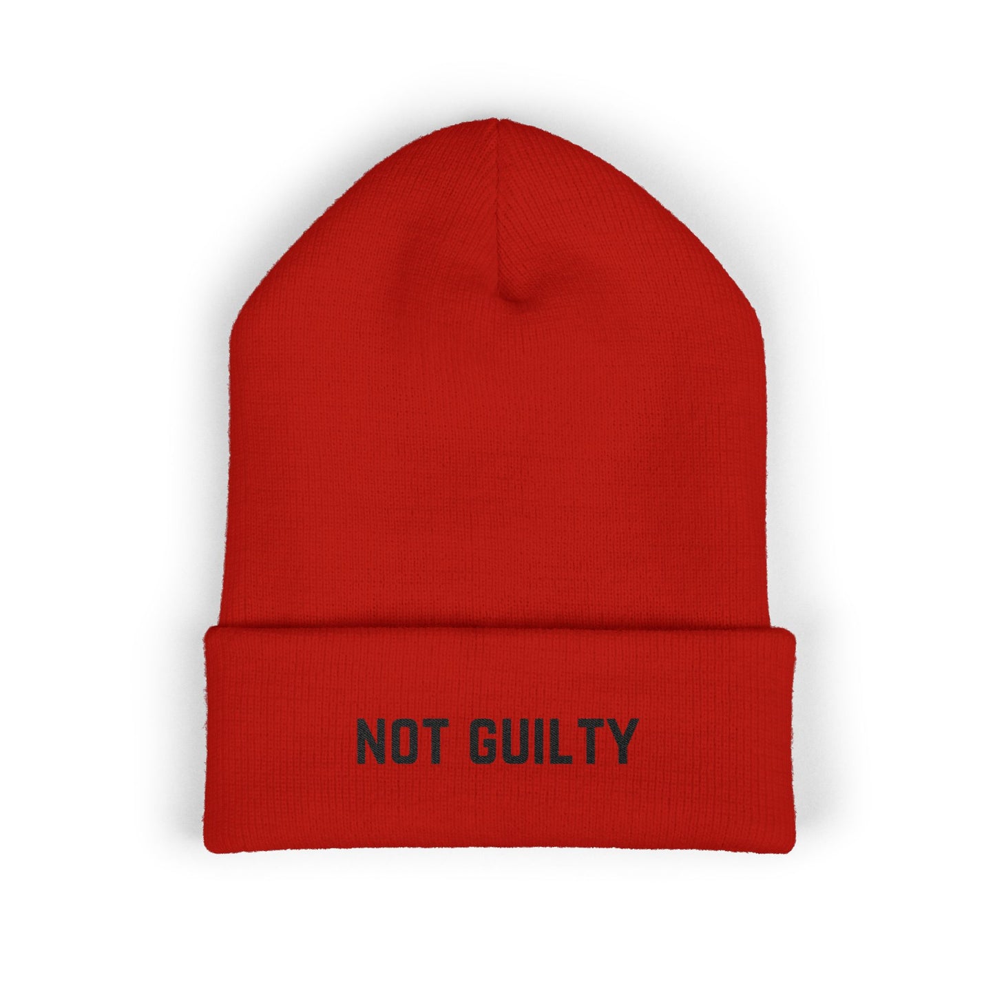 Not Guilty Embroidered Beanie — Classic Cuffed Knit Hat