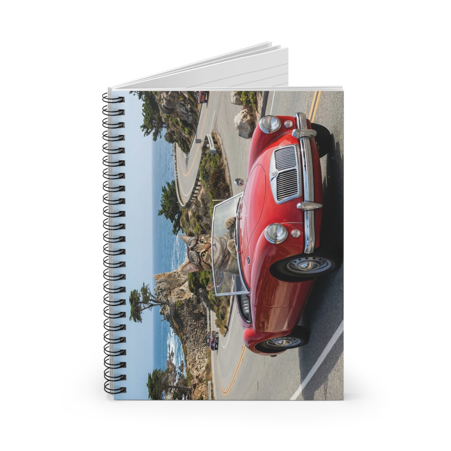 Classic Red Sports Car & Cat  Notebook – Spiral Ruled Travel Journal
