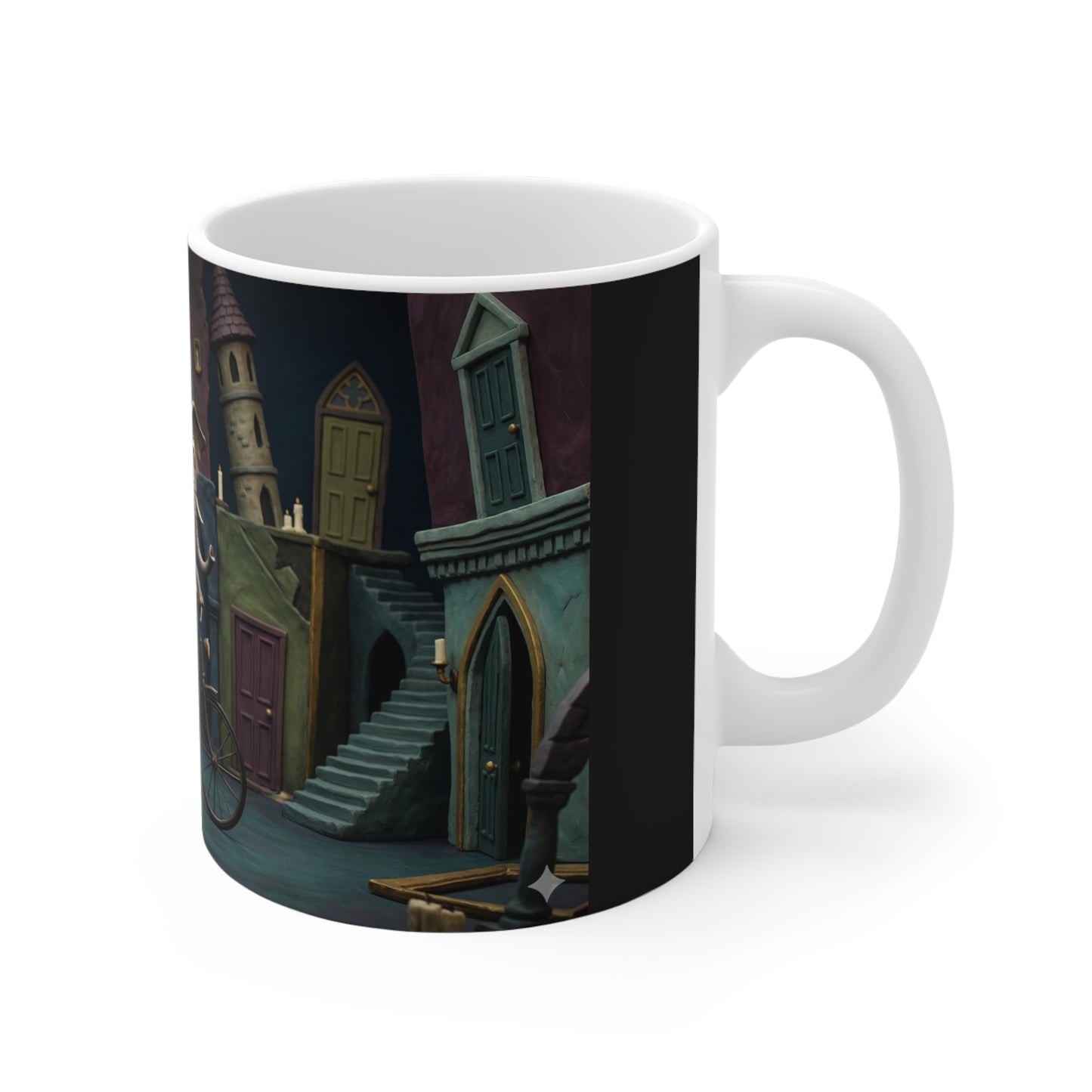 Whimsical Elephant Biking Mug — Surreal Fantasy 11oz Ceramic Coffee Cup