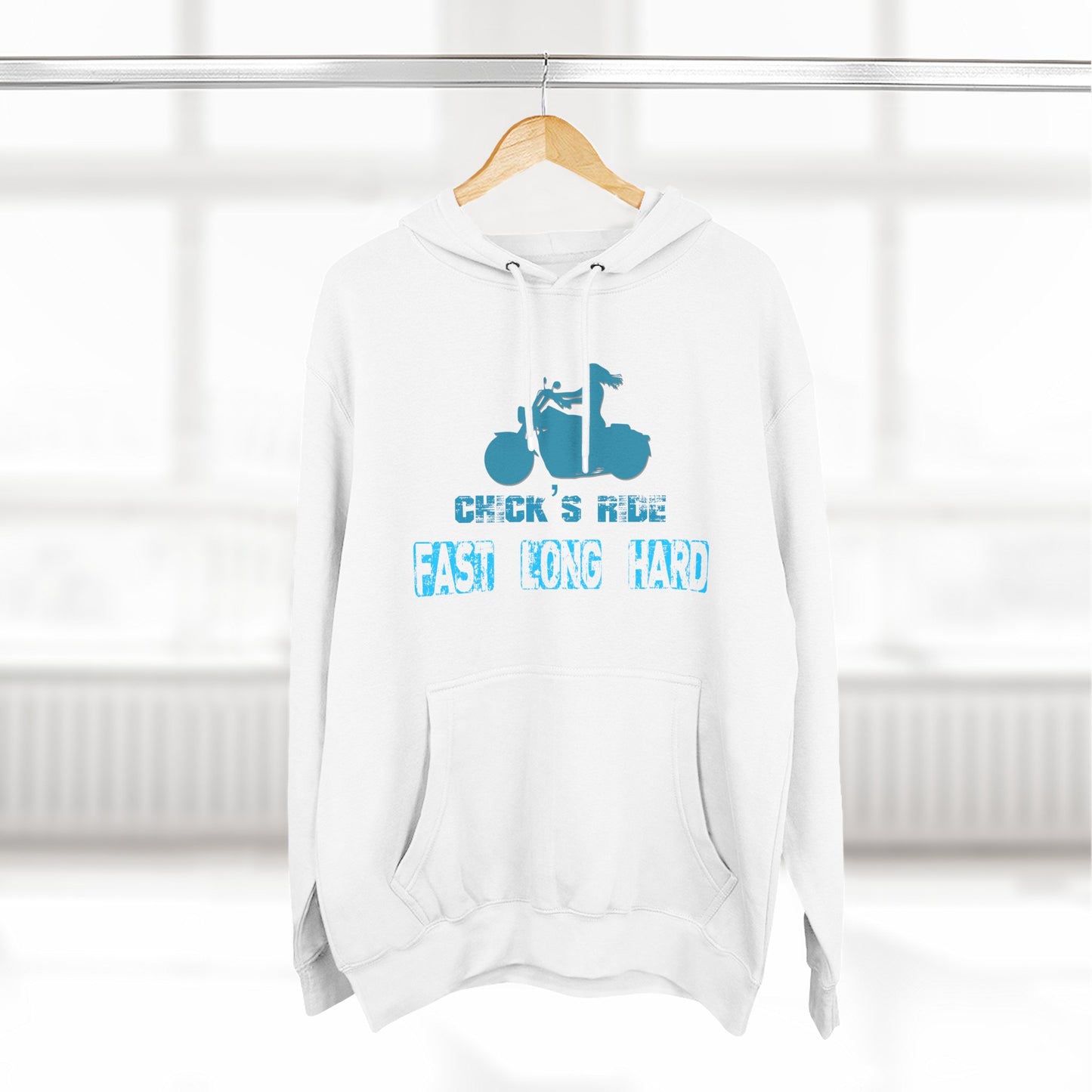 Vintage Scooter Hoodie — "Chick's Ride Fast Long Hard" Retro Vespa Graphic