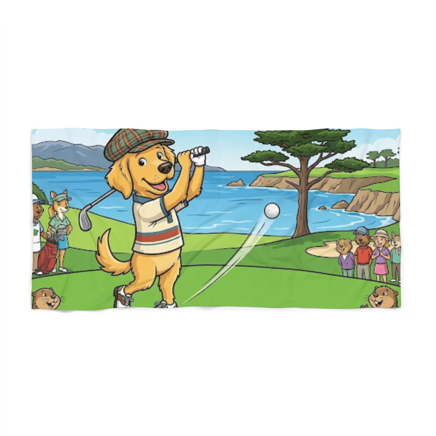 Golden Retriever Golf Beach Towel – Cute Dog Golfer Coastal Scene