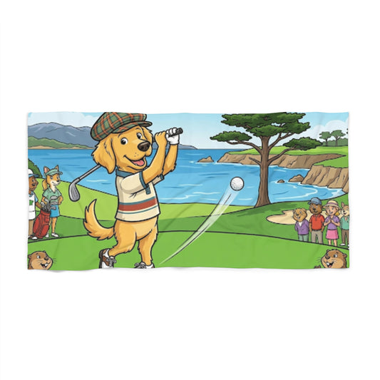 Golden Retriever Golf Beach Towel – Cute Dog Golfer Coastal Scene