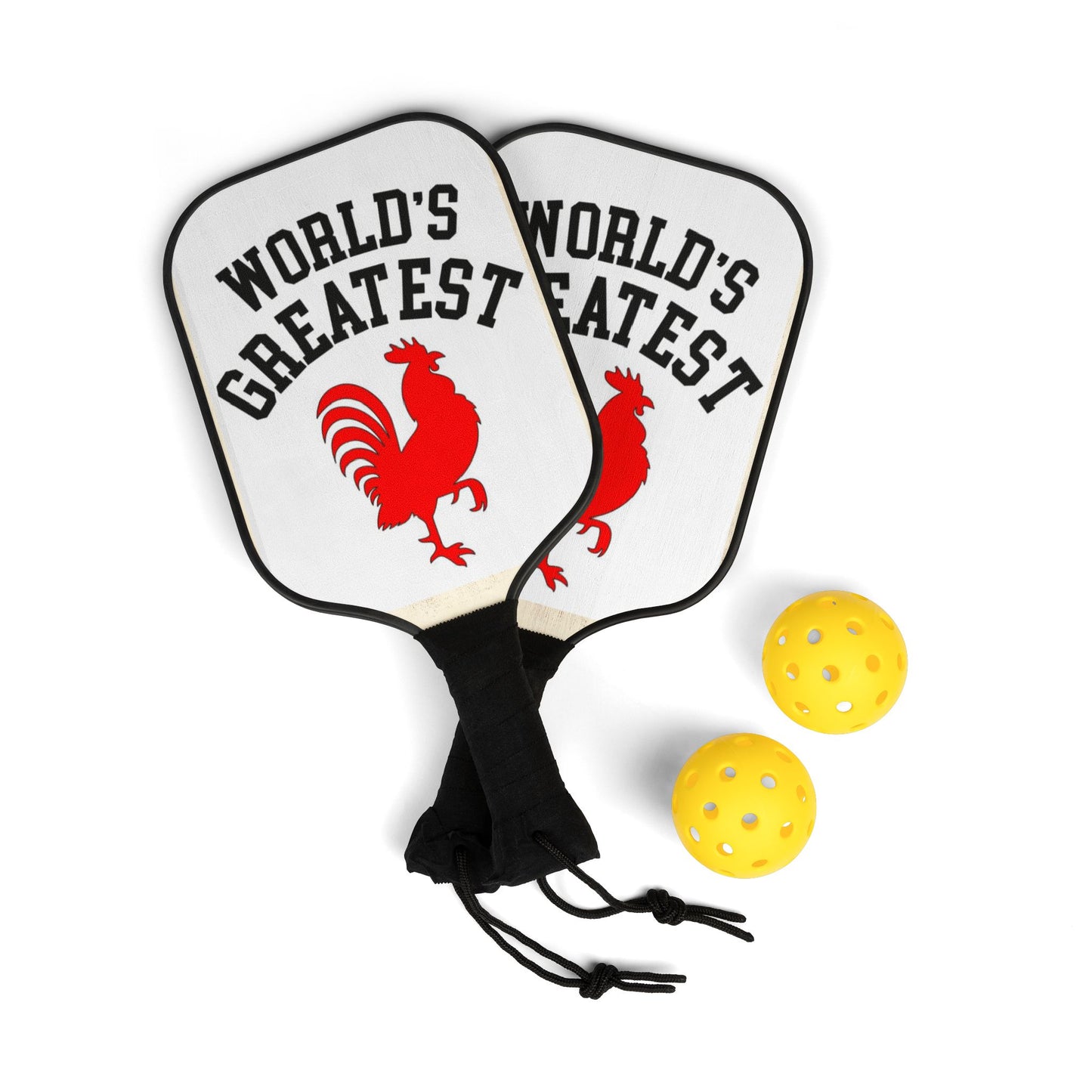 Pickleball Paddle Set — World's Greatest Pickleball Rooster Design (2 Paddles + Balls)