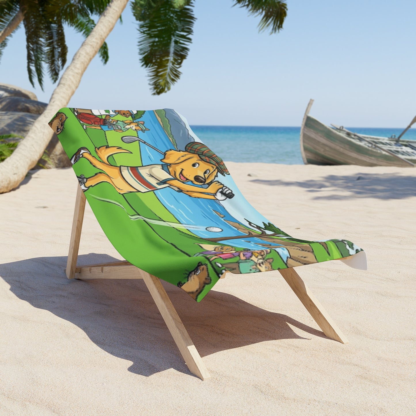 Golden Retriever Golf Beach Towel – Cute Dog Golfer Coastal Scene