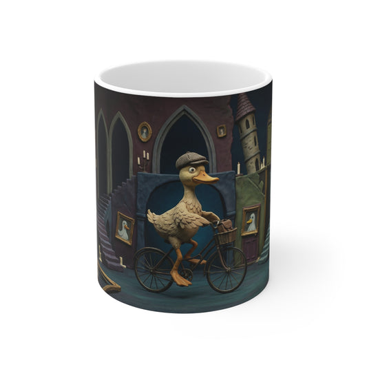 Duck on Bicycle Mug — Whimsical Gothic Cottagecore Art 11oz