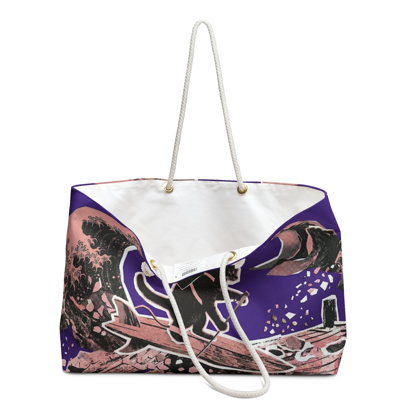 Cat Surfer Weekender Bag – Retro Surfing Black Cat Tote for Beach Getaways