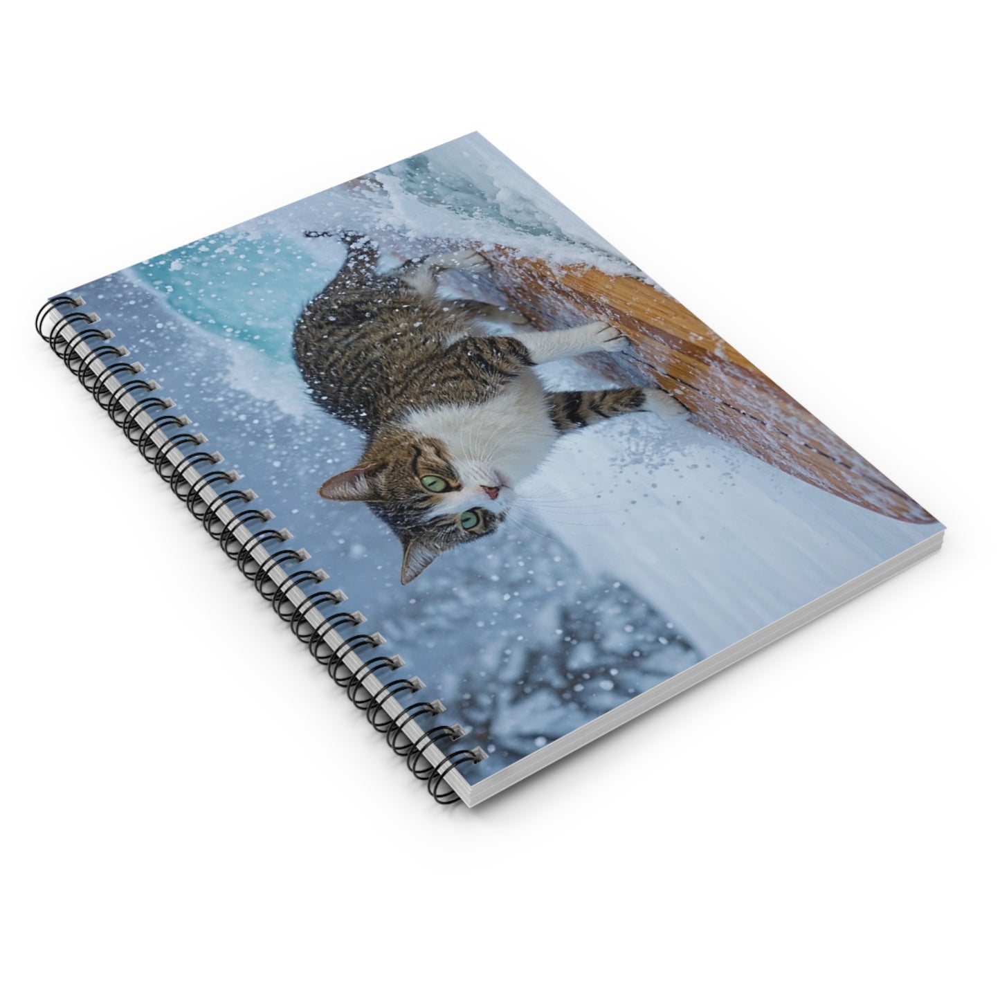 Cat on Surfboard Winter Notebook — Spiral Ruled Journal